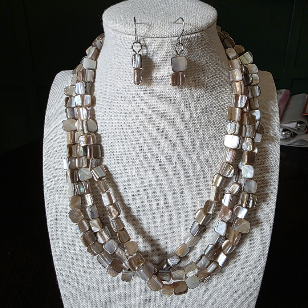 Elegant Multi-Strand Shell Necklace and Earring Set